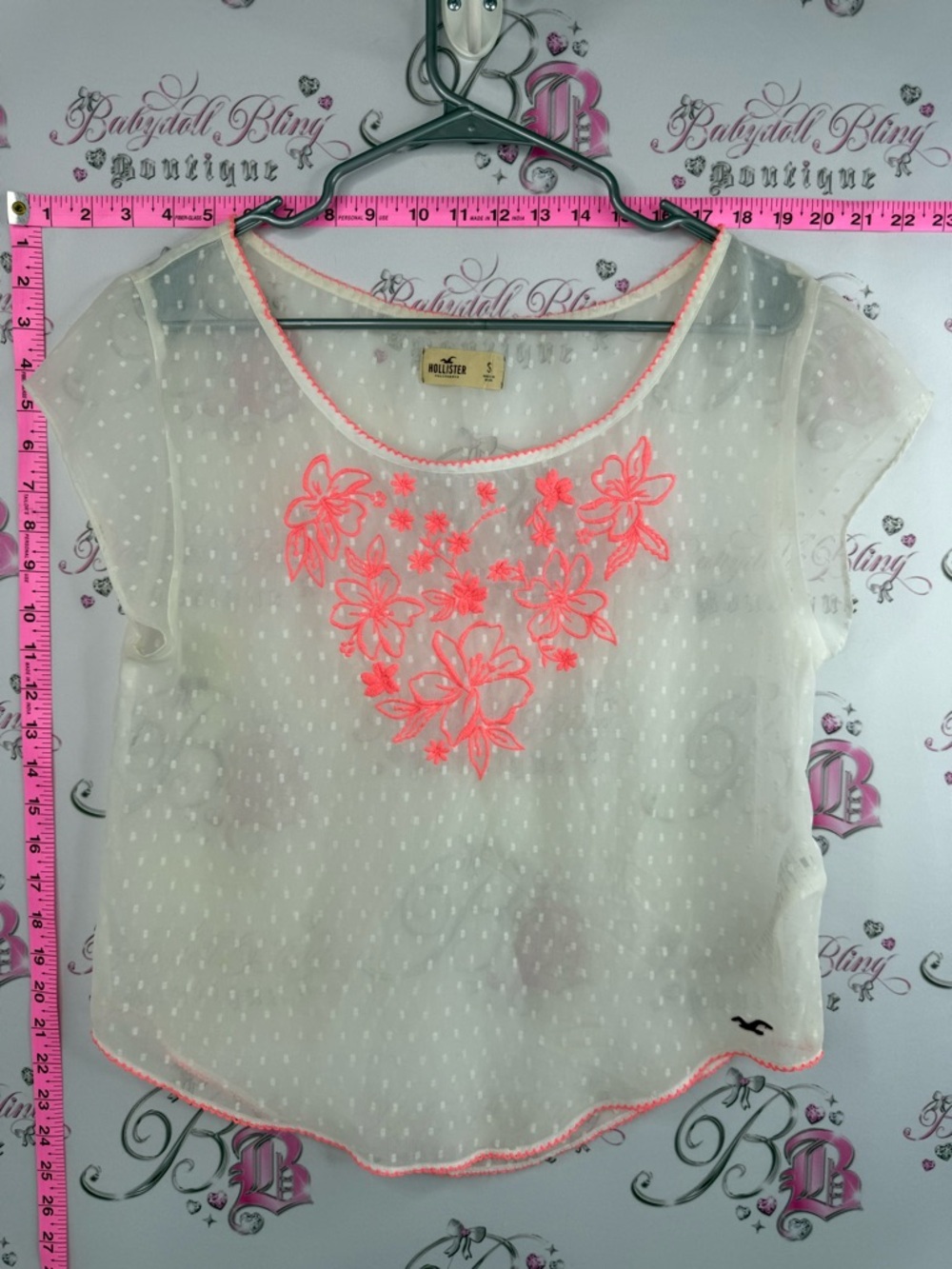 Hollister T-shirt neon orange White Sheer Top with Neon Pink Floral Embroidery